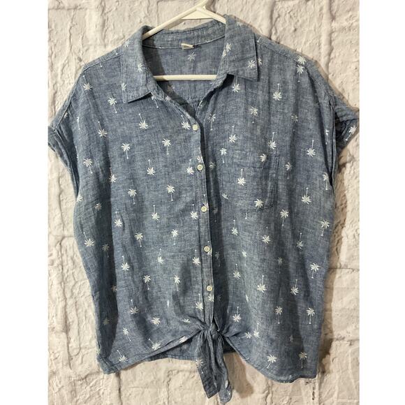Old Navy Linen Blend Palm Tree Blouse Size Large - Picture 1 of 6